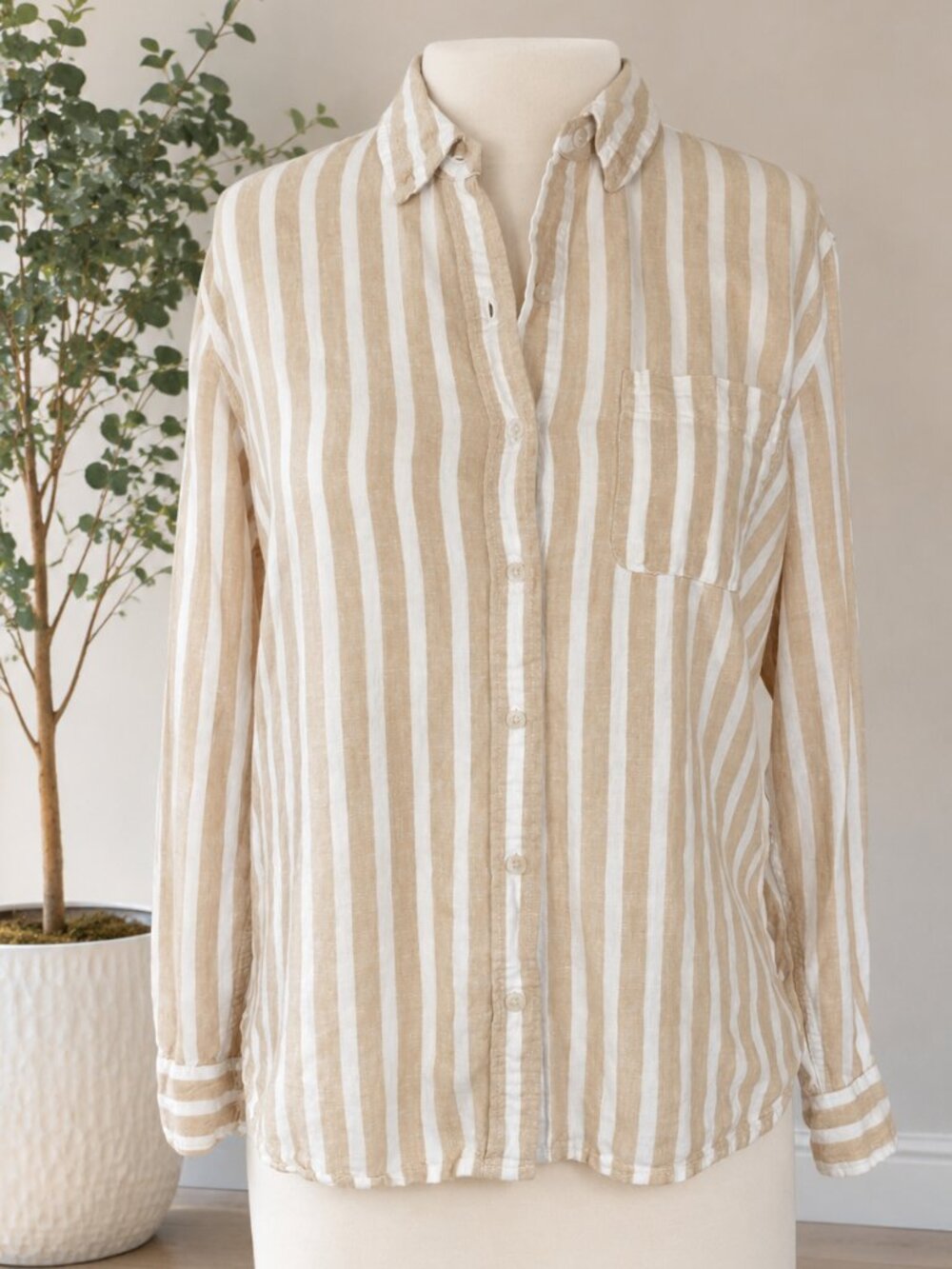 UT Relaxed Fit Linen Blend Vertical Stripe Shirt Tan Ivory Womens | Size: S
